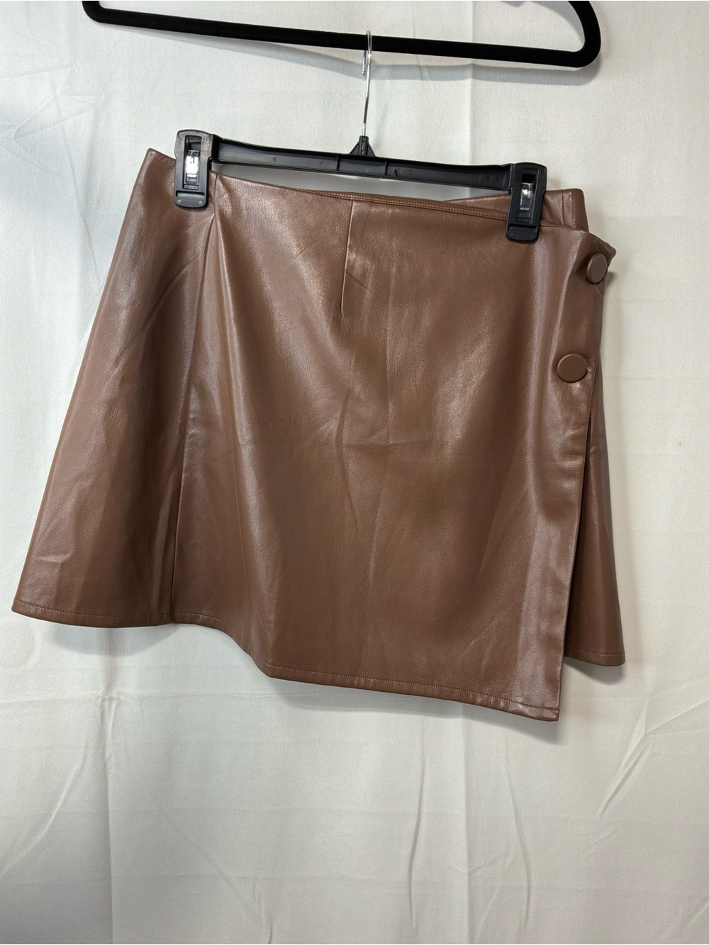 Faux Leather Brown Mini Skirt with Side Button Detail
